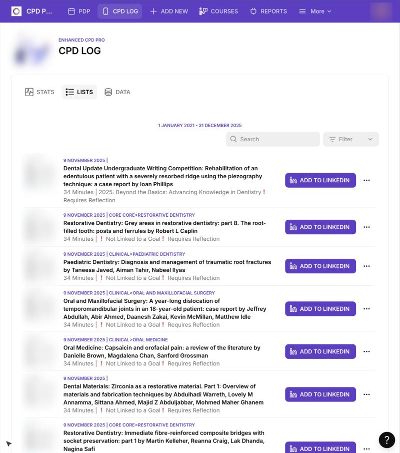 The LISTS tab in the CPD Log