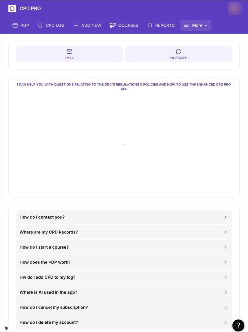 The SUPPORT screen, opened from More